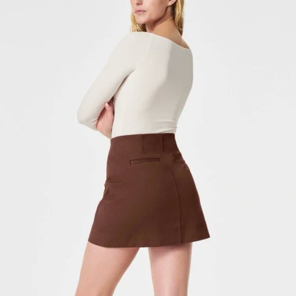 SPANX stretch twill a-line mini skirt M chicory brown NWT